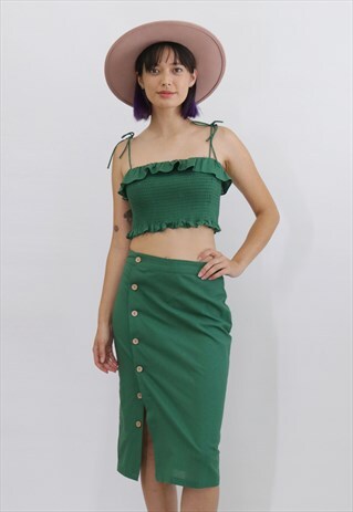 LEAH 90S LINEN SHIRRED CROP TOP - SUMMER GREEN