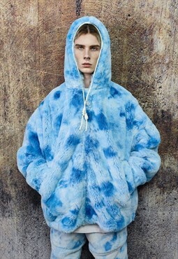 Tie-dye fleece jacket detachable faux fur fest bomber blue