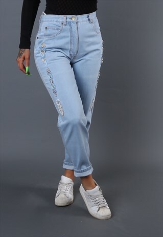 HIGH WAISTED DENIM JEANS TAPERED LEG UK 10 - 12 VINTAGE L63U