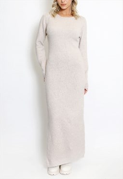 Round Neck Side Slit Knitted Dress In Beige 