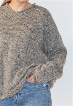 V Neck Grey Aran Knit Irish Made Fisherman Jumper