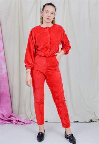 RED JUMPSUIT VELVET ONE PIECE ELASTIC WAIST LONG SLEEVE S/M