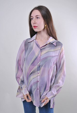 VINTAGE PURPLE WOMAN ABSTRACT STRIPES BLOUSE