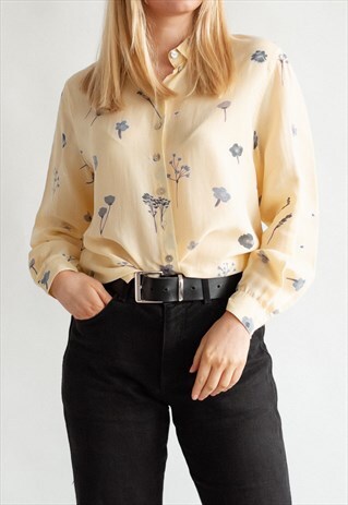 VINTAGE 80S CHIC SHIRT IN CREAM YELLOW WITH FLORAL PATTERN