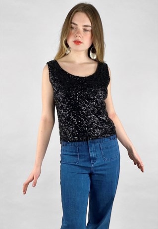 60's Vintage Ladies Black Beaded Sequin Sleeveless Crop Top