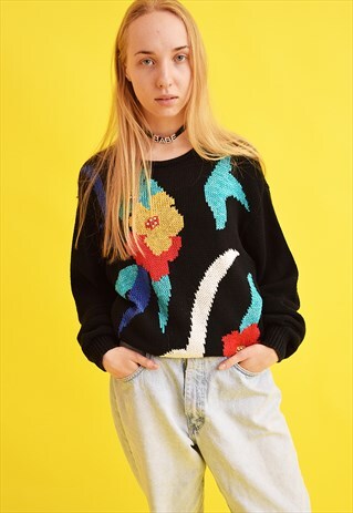 80'S RETRO ABSTRACT FLORAL PRINT OVERSIZED KNIT JUMPER TOP