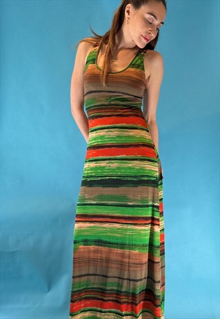 VINTAGE 1990S GREEN AND RED STRIPED BACKLESS MAXI DRESS