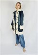 Y2K 00s vintage blue denim long faux fur trim zip coat 