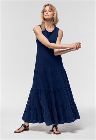 SLEEVELESS TIERED DRESS IN NAVY