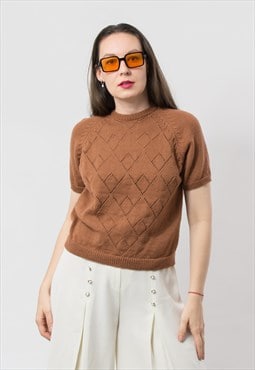 Vintage knitted wool top in brown blouse short sleeve 