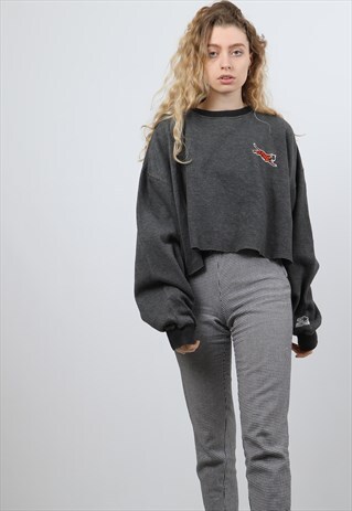 VINTAGE STARTER XL GREY EMBROIDERED CROPPED SWEATSHIRT