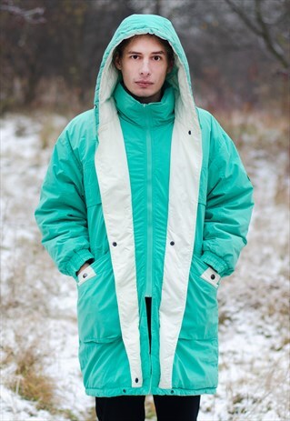 VINTAGE 90S DIADORA LONG WINTER SNOW JACKET IN MINT GREEN