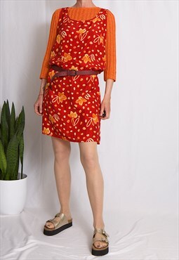 90s summer dress sleeveless orange & cinnamon colours 