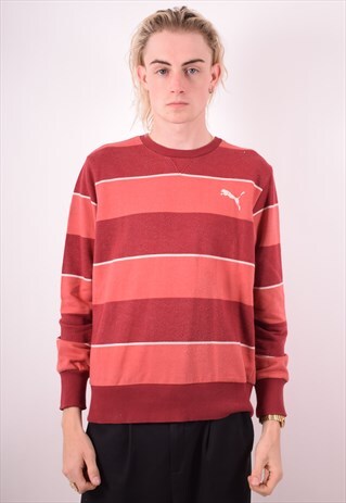 PUMA MENS VINTAGE SWEATSHIRT JUMPER MEDIUM RED STRIPES 90S