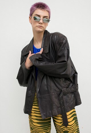 VINTAGE DARK PURPLE LOOSE LEATHER BIKER JACKET WITH BELT