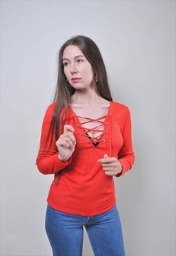 Vintage red lace blouse, casual ribbed shirt 