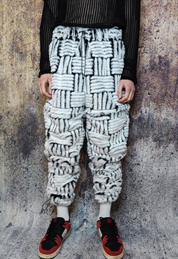 Luxury faux fur joggers check fleece festival pants in white