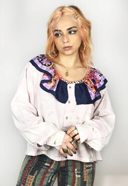 Upcycled Reworked Candy Pink And 70's Flowers Ruffled Blouse