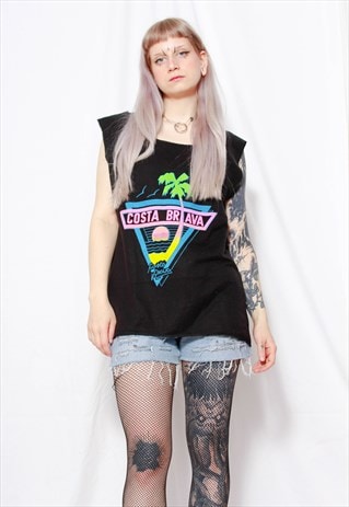 80S VINTAGE NEON STATEMENT LOGO OVERSIZED BLACK COTTON TOP