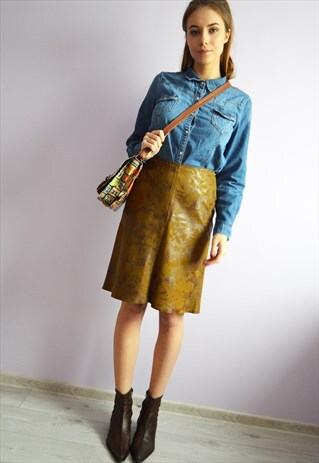 VINTAGE 90S KHAKI BROWN REAL LEATHER MINI SKIRT