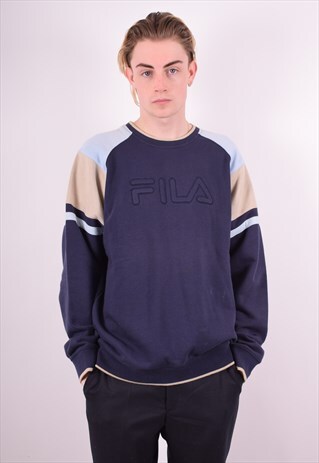 FILA MENS VINTAGE SWEATSHIRT JUMPER LARGE NAVY BLUE 90S