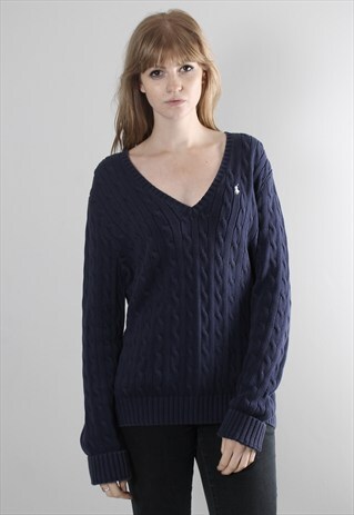VINTAGE 90S RALPH LAUREN BLUE CABLE KNIT V NECK JUMPER