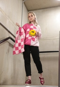 90s Fun Kawaii Pink Checkerboard Flower Smiley Sweatshirt