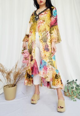90s retro colorful sheer floral beaded long kimono tunic top