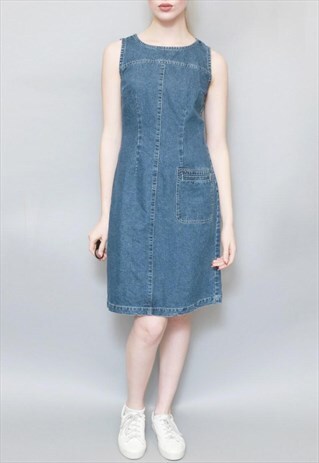 VINTAGE 1990'S DARK WASH BLUE DENIM MIDI SHIFT DRESS
