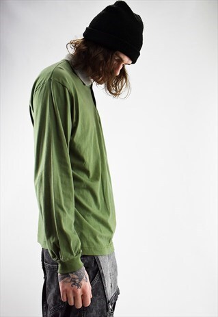 DESIGNER 90S PIERRE BALMAIN LONG SLEEVE POLO SHIRT IN OLIVE