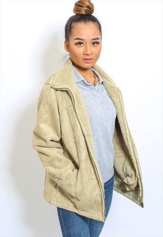VINTAGE SHEARLING COAT JACKET IN BEIGE WITH FAUX FUR M/L