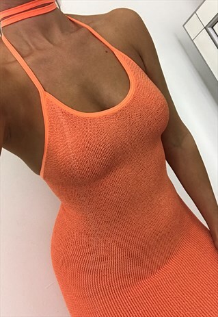 APRICOT CRINKLE HALTER MINI DRESS