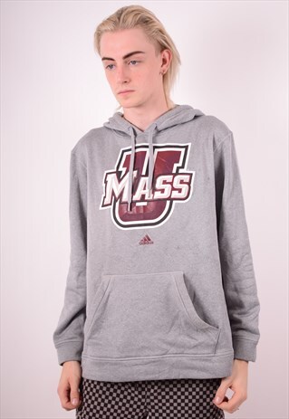 ADIDAS MENS VINTAGE UMASS HOODIE JUMPER LARGE GREY 90S