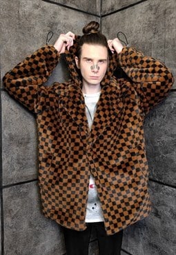 Chequerboard fleece jacket handmade 2 in 1 check coat brown