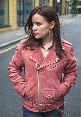 80'S STYLE GENUINE SUEDE BIKER JACKET (PINK)