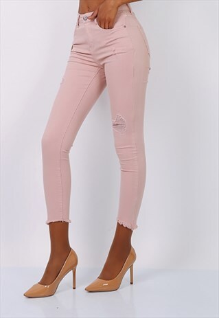 PINK RIPPED HIGH WAIST SKINNY JEANS