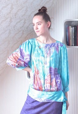 Bright light blue floral silky long sleeve vintage top 