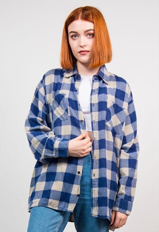 90'S BLUE CHECK PATTERN FLANNEL OVERSIZE SHIRT