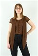 SEE THROUGH BLOUSE SHIRT BUTTON UP TOP BROWN SHORT SLEEVE