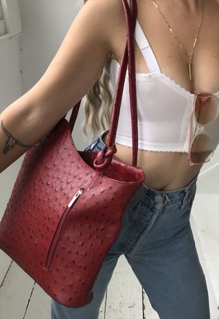 VINTAGE 90S Y2K DARK RED REAL LEATHER RUCKSACK BACKPACK