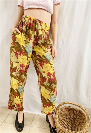 VINTAGE 80S DAFFODIL FLORAL PRINT PARISIAN CHIC TROUSERS