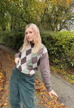 Vintage Chunky Knitted Argyle Grandad Abstract Jumper