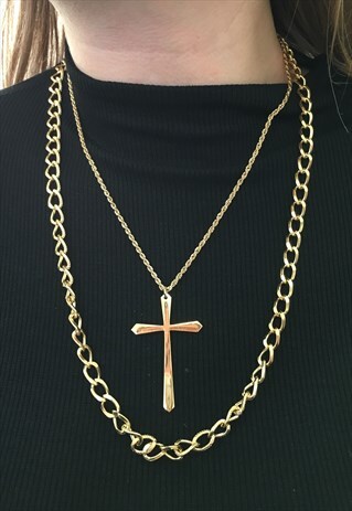 1990S GOLD PLATED CHAINS WITH LARGE CROSS PENDANT SET