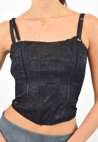 Vintage Y2K Bustier Cami Top in Black Mesh Lace