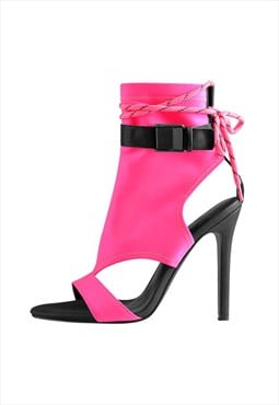 Open Toe Lace-up Ankle Buckle Pink High Heels Booties Sandal