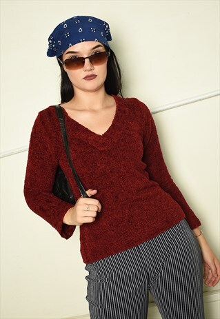 Y2K RETRO BASICS FLUFFY SOFT KNIT MAROON JUMPER IN BURGUNDY
