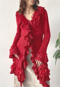 Vintage 00's Y2K Winter Red Fairy Long Knit Cardigan Jumper