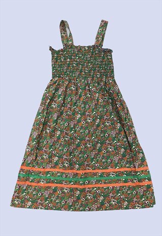 VINTAGE HANDMADE GREEN MULTI FLORAL PRINT SHIRRED DRESS