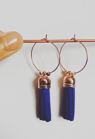BLUE LARGE TASSEL ROSE GOLD HOOP EARRINGS
