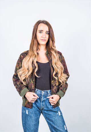 VINTAGE 1980S FESTIVAL GREEN PATTERNED BOMBER JACKET